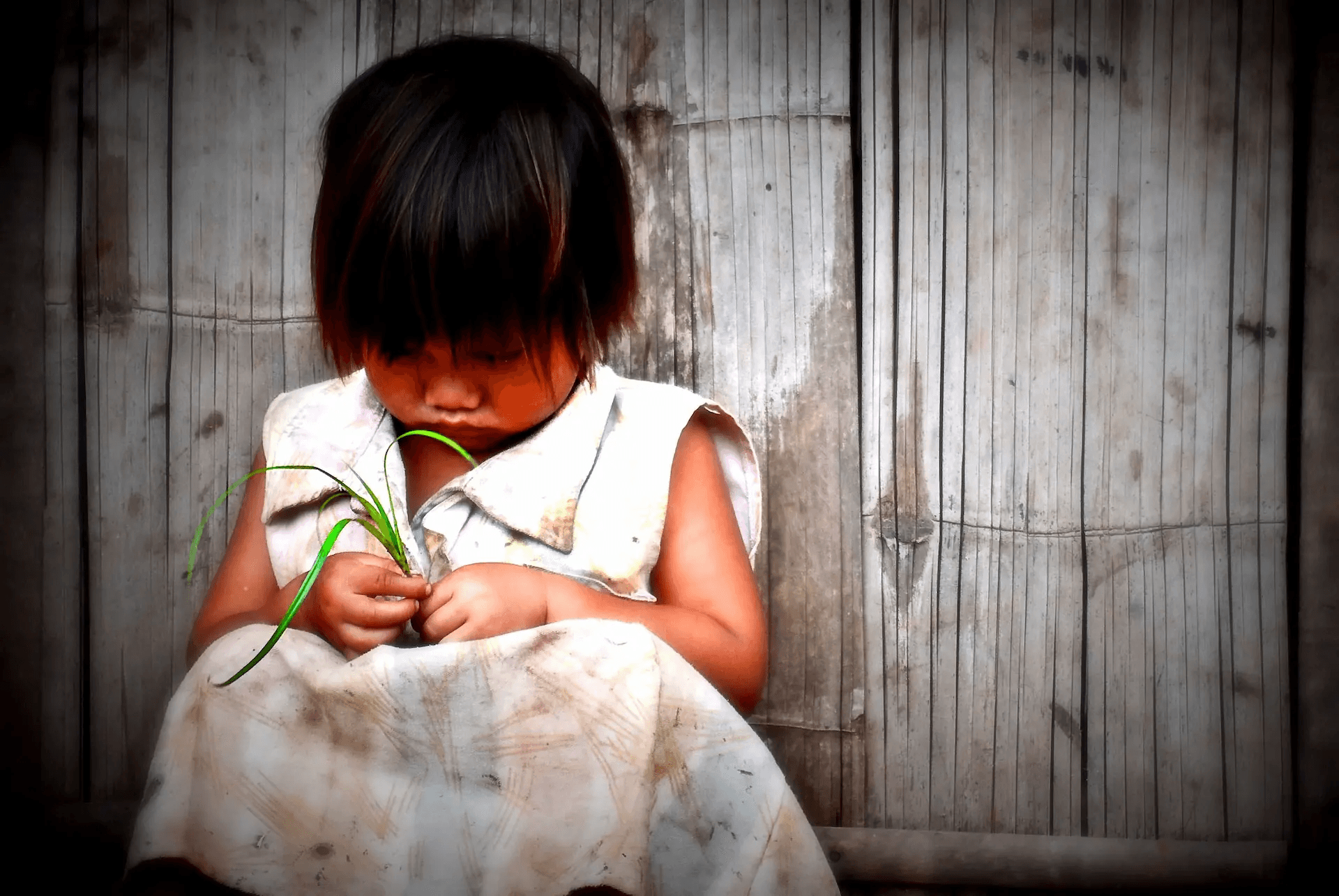 A tender portrait photograph of a young child, with dark hair and a simple white dress, sitting against a textured bamboo wall. The child is focused intently on a small bunch of green grass blades held delicately in their hands. The lighting is soft and diffused, creating a vignette effect that draws attention to the child and their quiet play. The scene evokes a sense of innocence, solitude, and the simple joys of childhood in a rural setting.