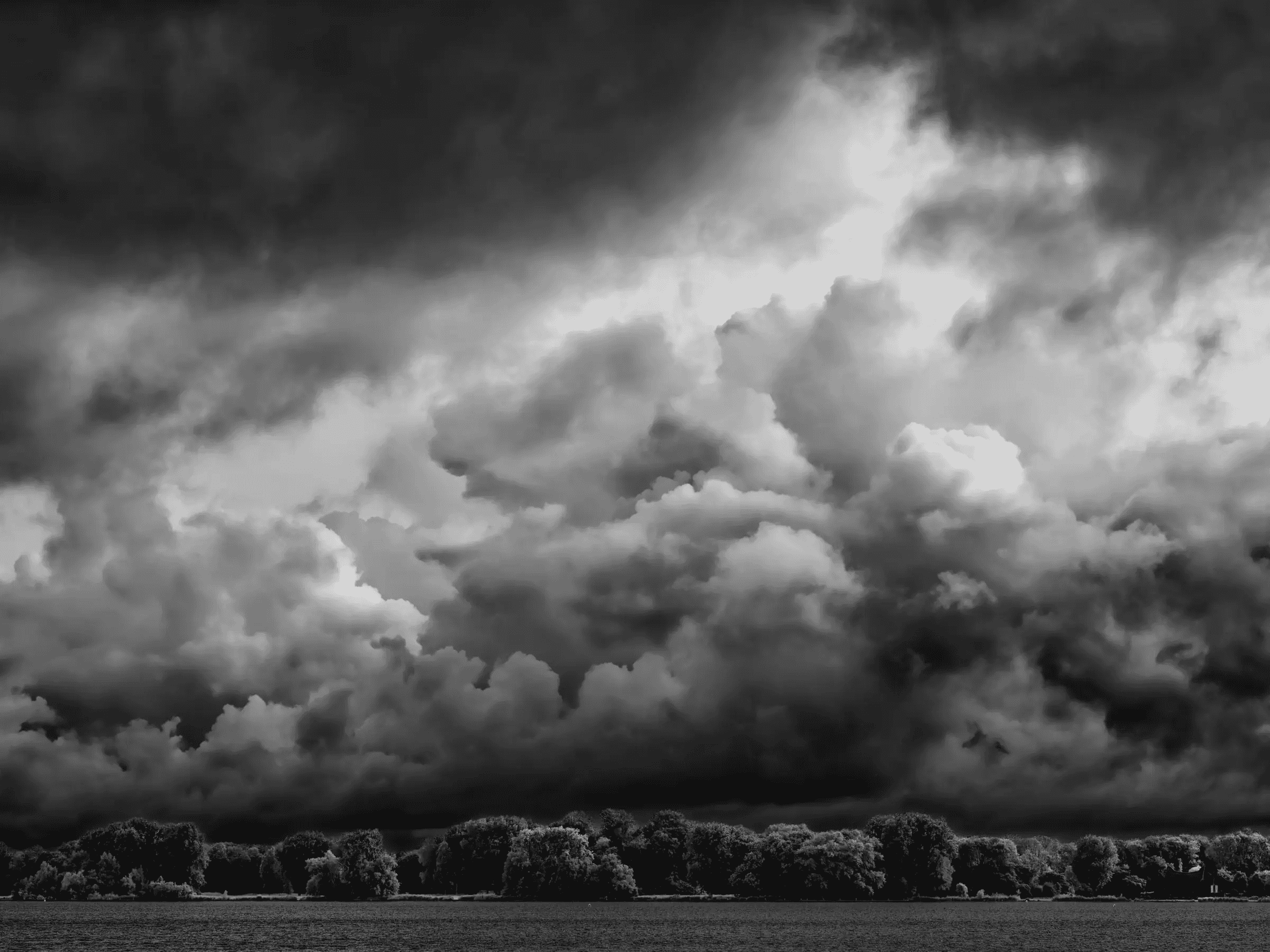 Dramatic black and white landscape photograph from Kralingse Plas, Rotterdam. A dark, turbulent sky filled with voluminous, heavy storm clouds dominates the scene.