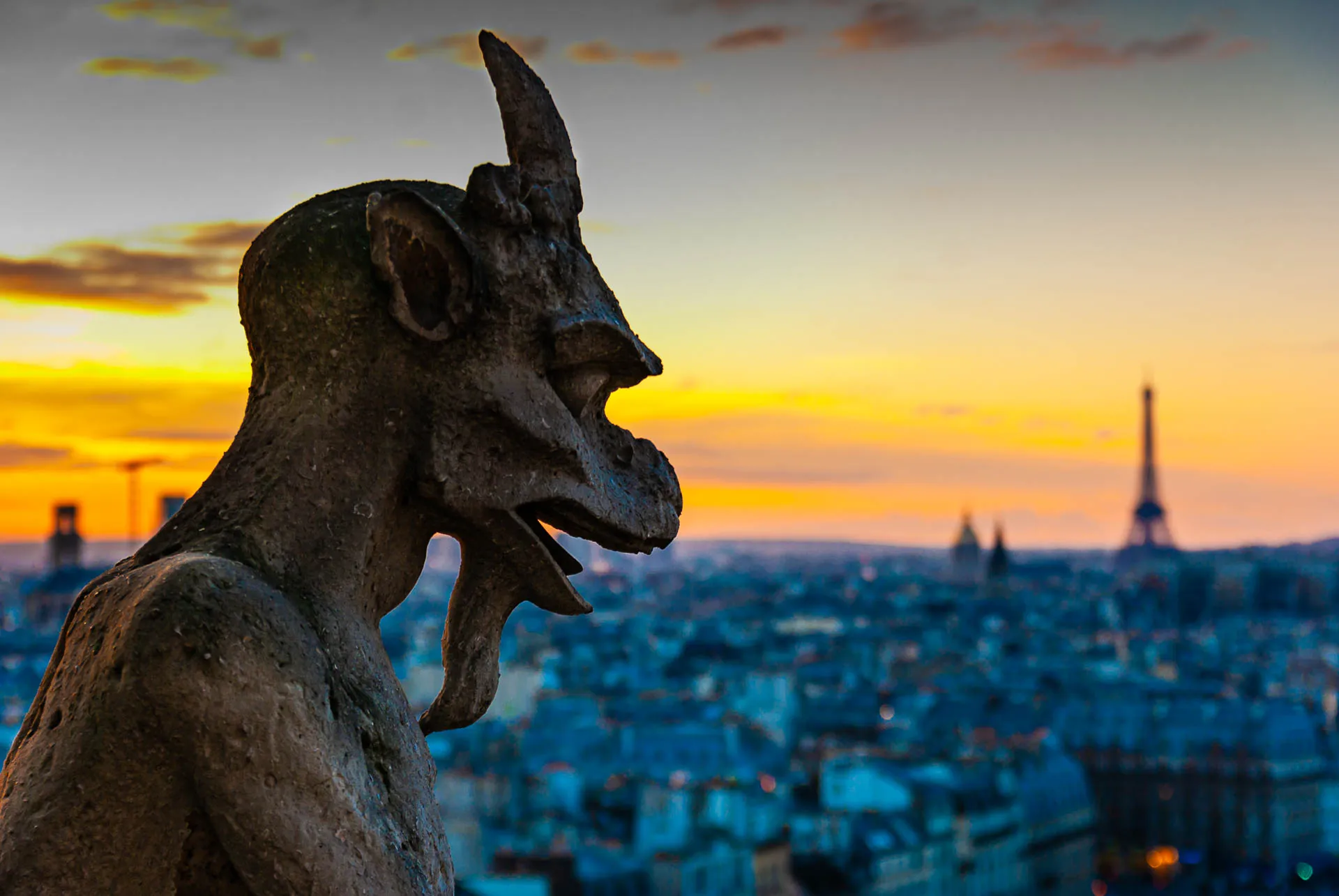 Gargoyle overlooking the eiffeltower in Paris