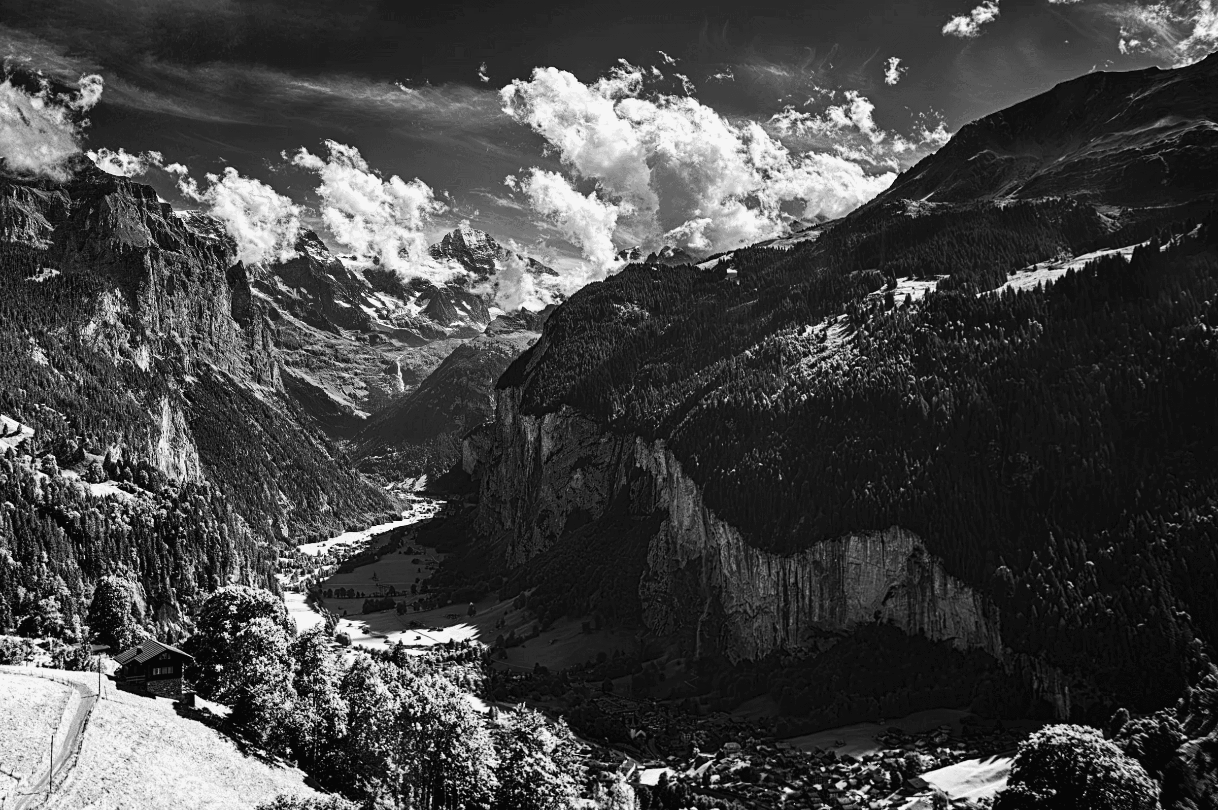 Dramatic black and white landscape photograph overlooking a deep alpine valley, likely Lauterbrunnen in Switzerland, surrounded by steep forested slopes and distant peaks under a cloudy sky.