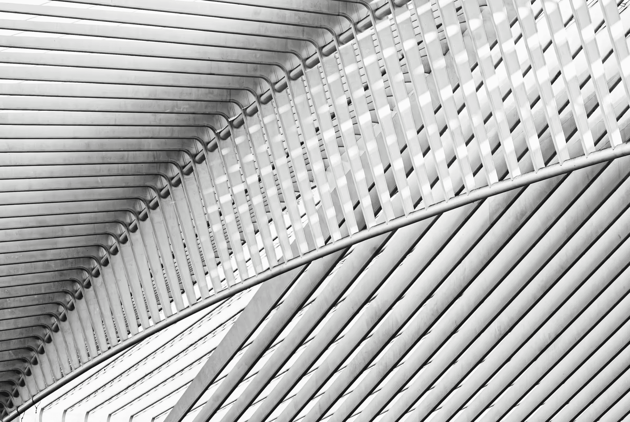 A black and white abstract photograph focusing on the linear geometry of Liège-Guillemins train station designed by Santiago Calatrava.