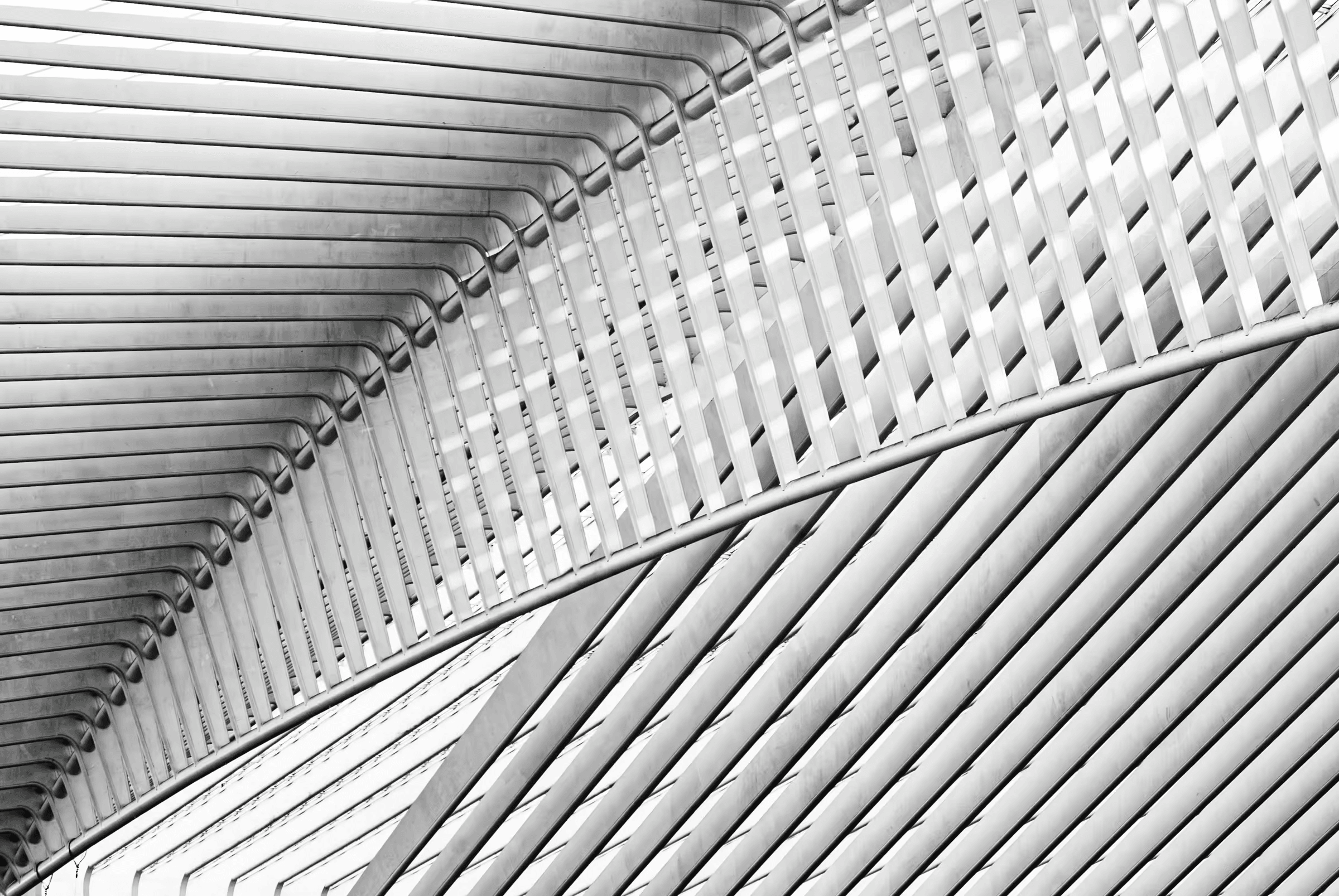 A black and white abstract photograph focusing on the linear geometry of Liège-Guillemins train station designed by Santiago Calatrava.  The image emphasizes converging lines, repeating patterns, and the interplay of light and shadow on the station's modern architectural structure.