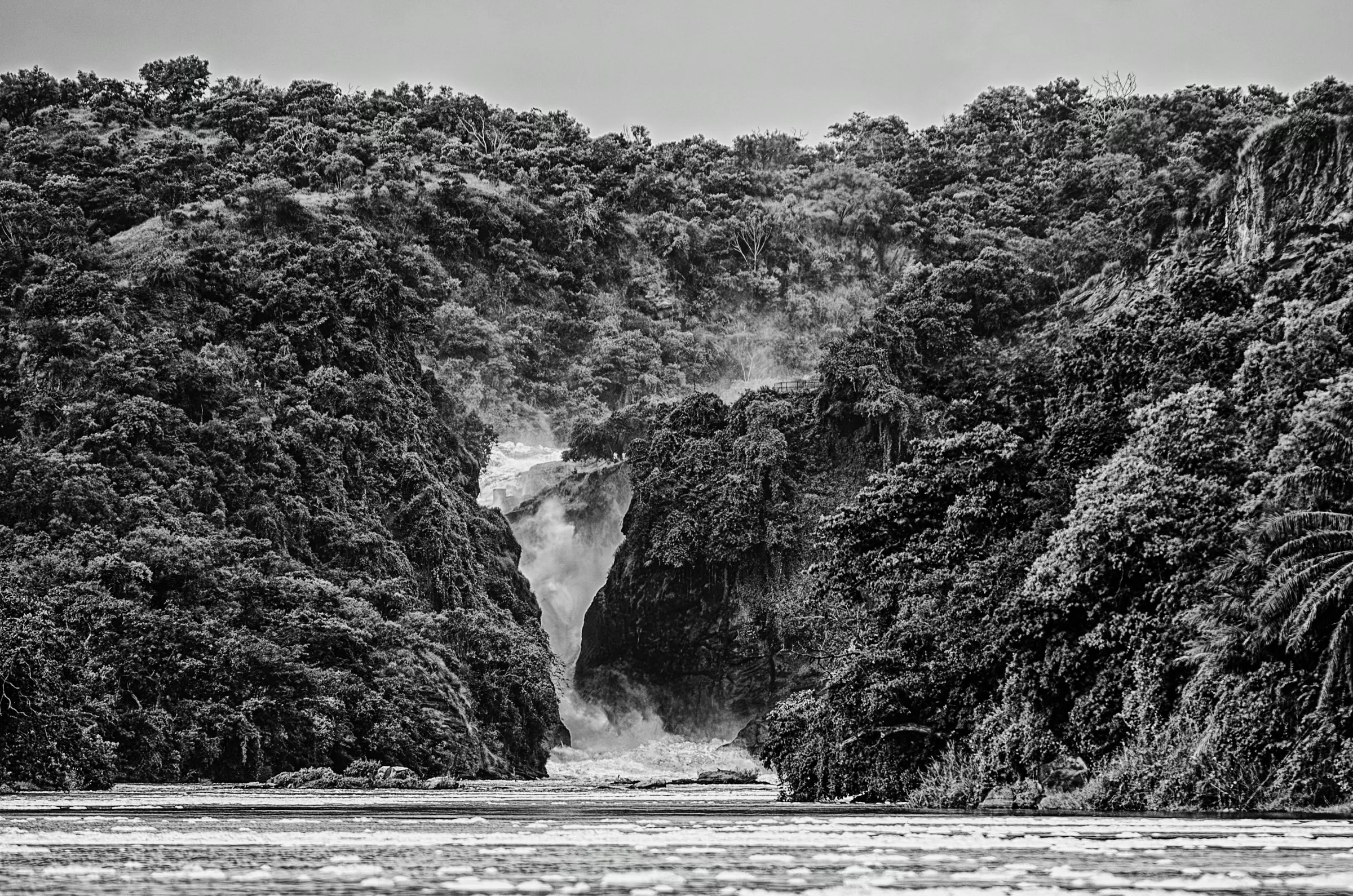 Black and white landscape photograph of the powerful Murchison Falls surging through a narrow gorge in Uganda, surrounded by lush vegetation.