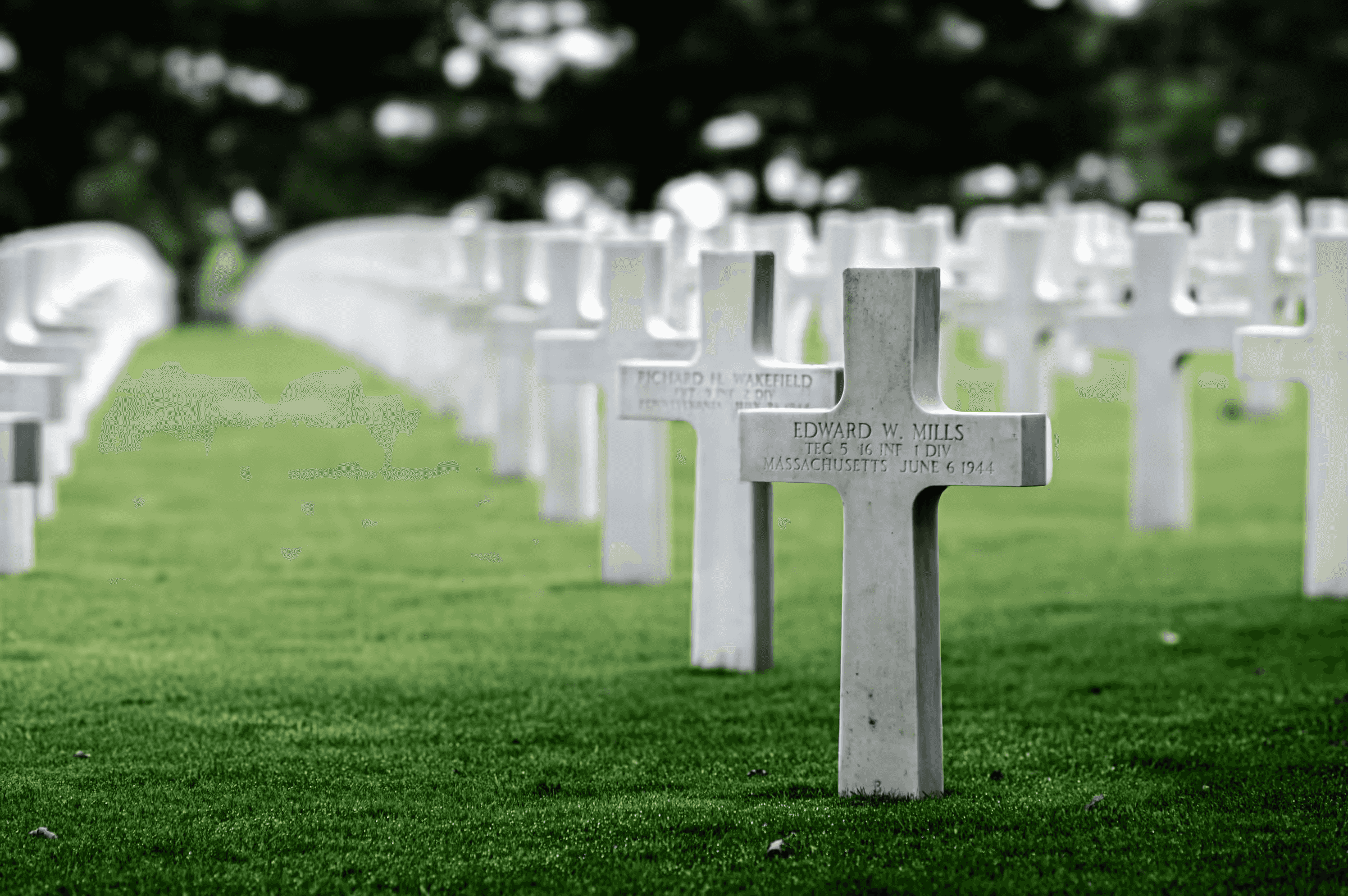 Landscape photograph of the Normandy American Cemetery and Memorial in Colleville-sur-Mer, France. Rows of white crosses stretch across a green lawn, with a close-up of one cross bearing the inscription 'EDWARD W.