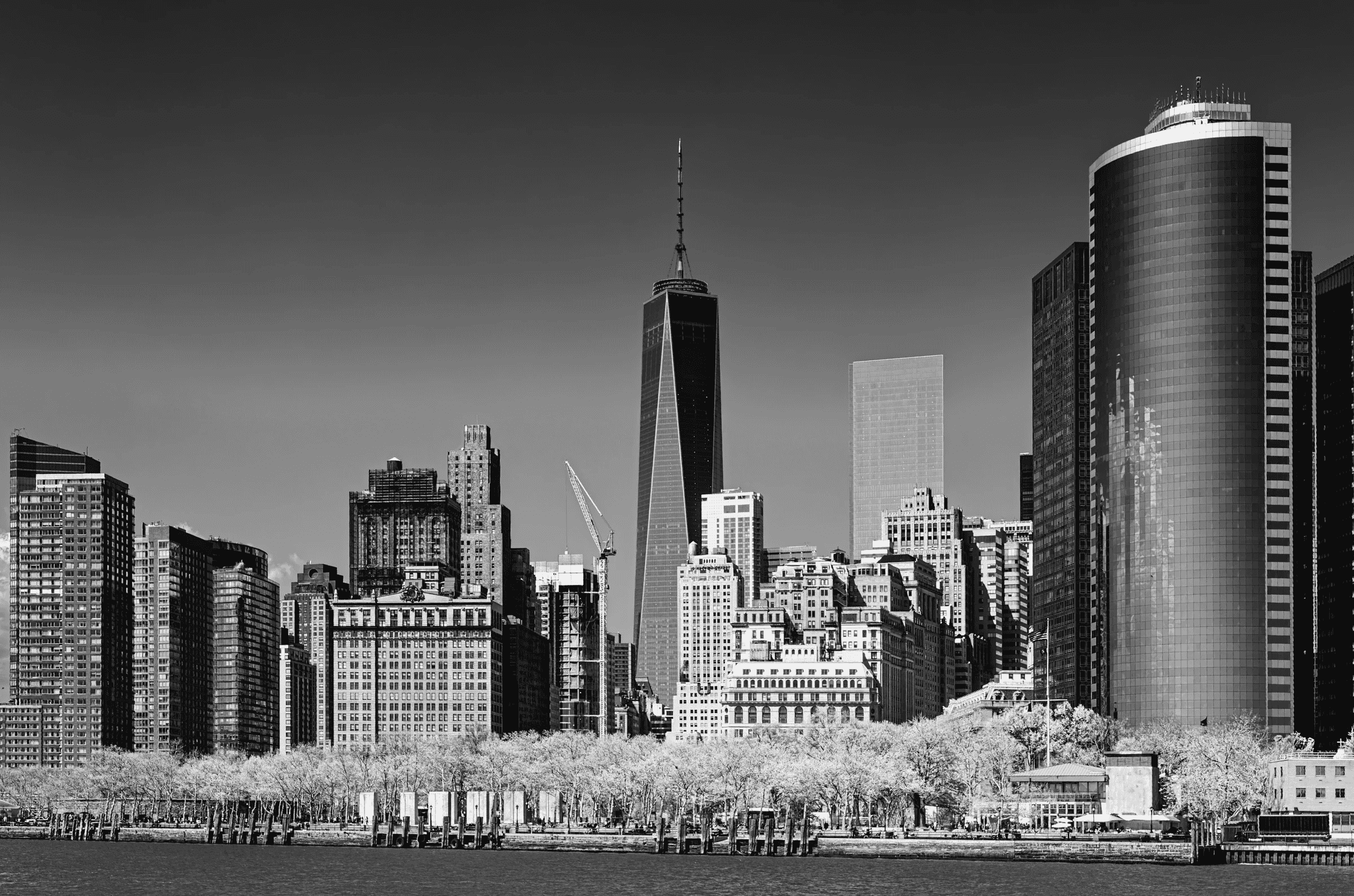 High-contrast black and white photograph of the Lower Manhattan skyline, including One World Trade Center, viewed from across the water.