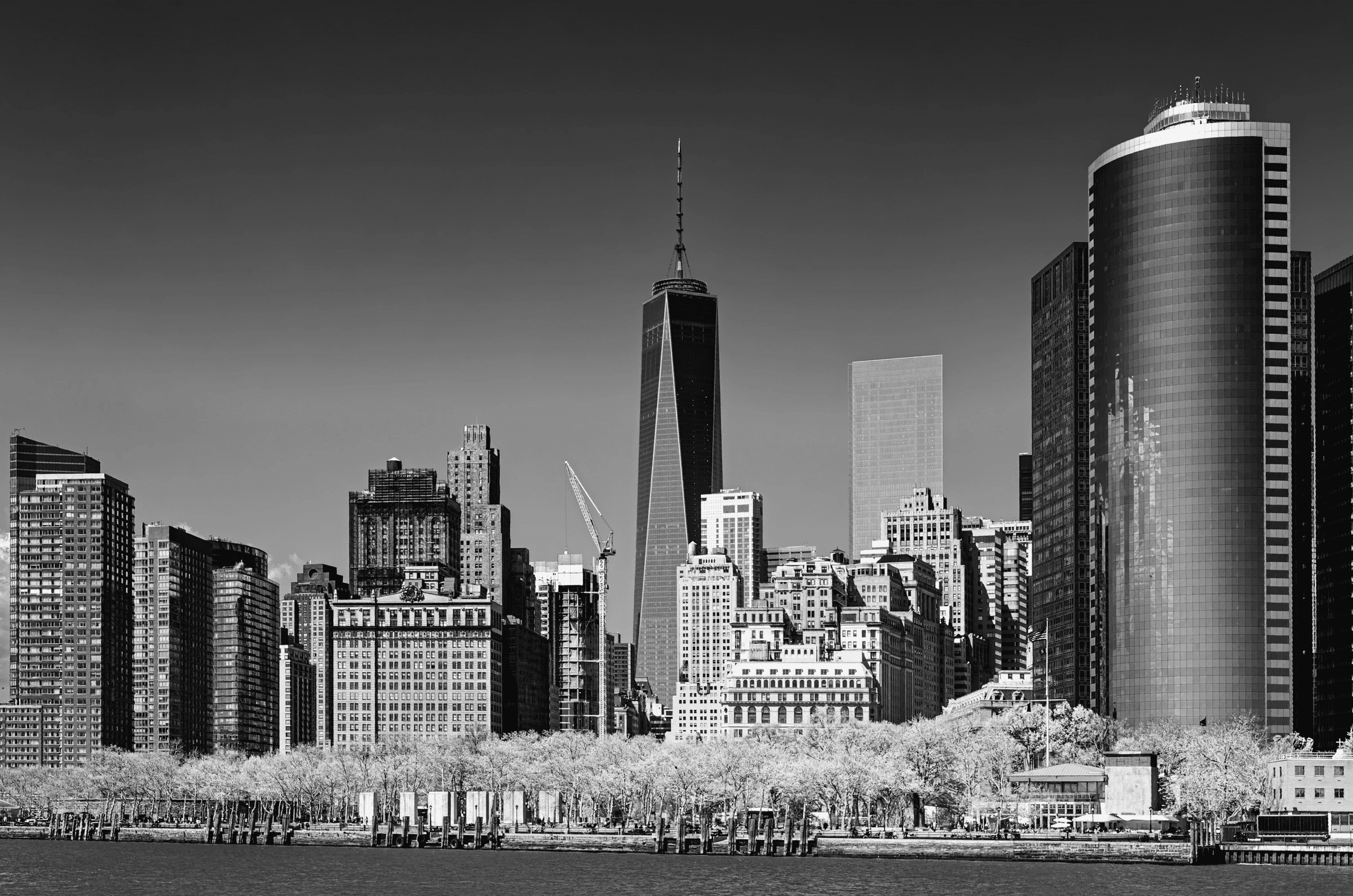 High-contrast black and white photograph of the Lower Manhattan skyline, including One World Trade Center, viewed from across the water.