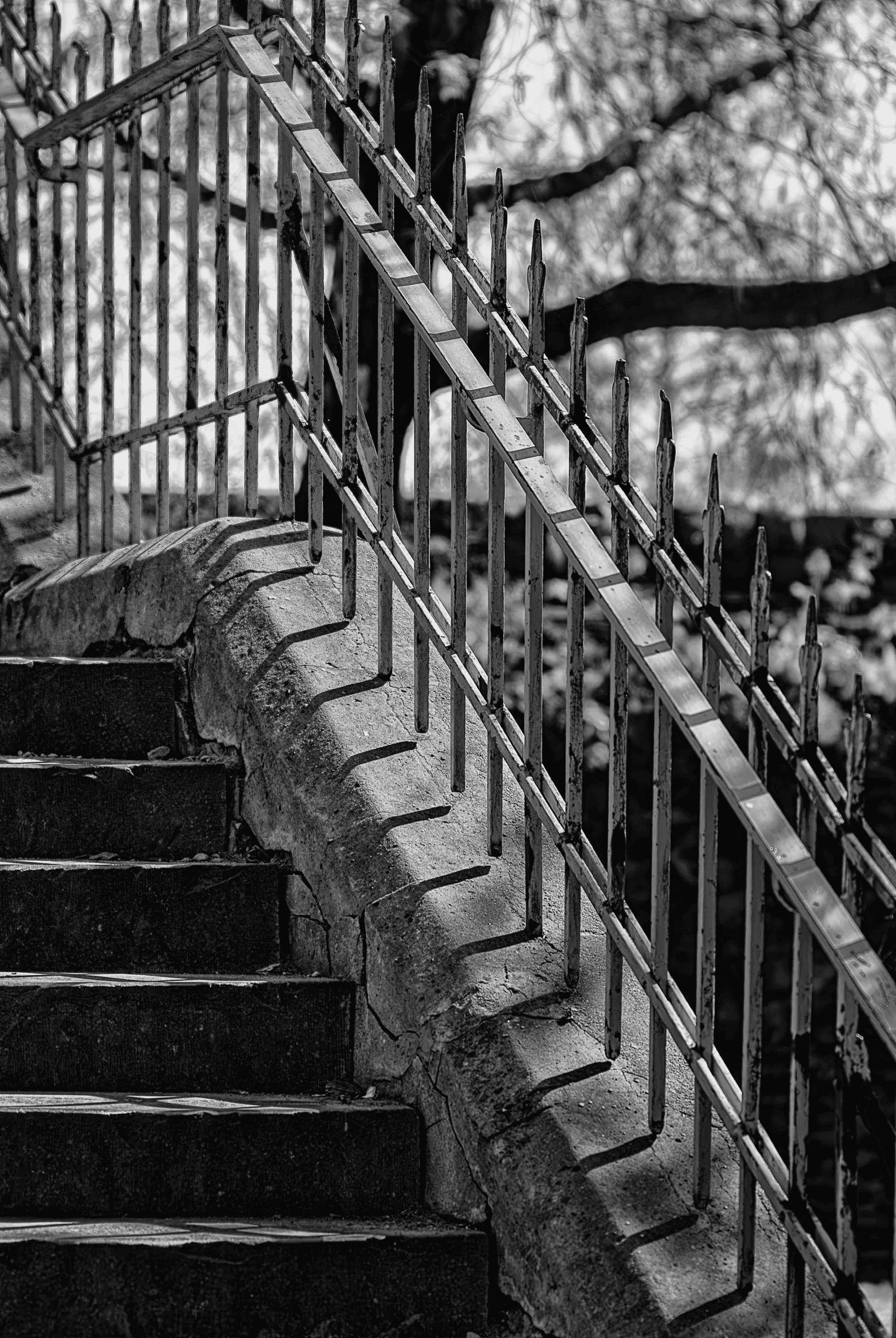 Architectural Detail Monochrome study of stone stairs railing shadows.
