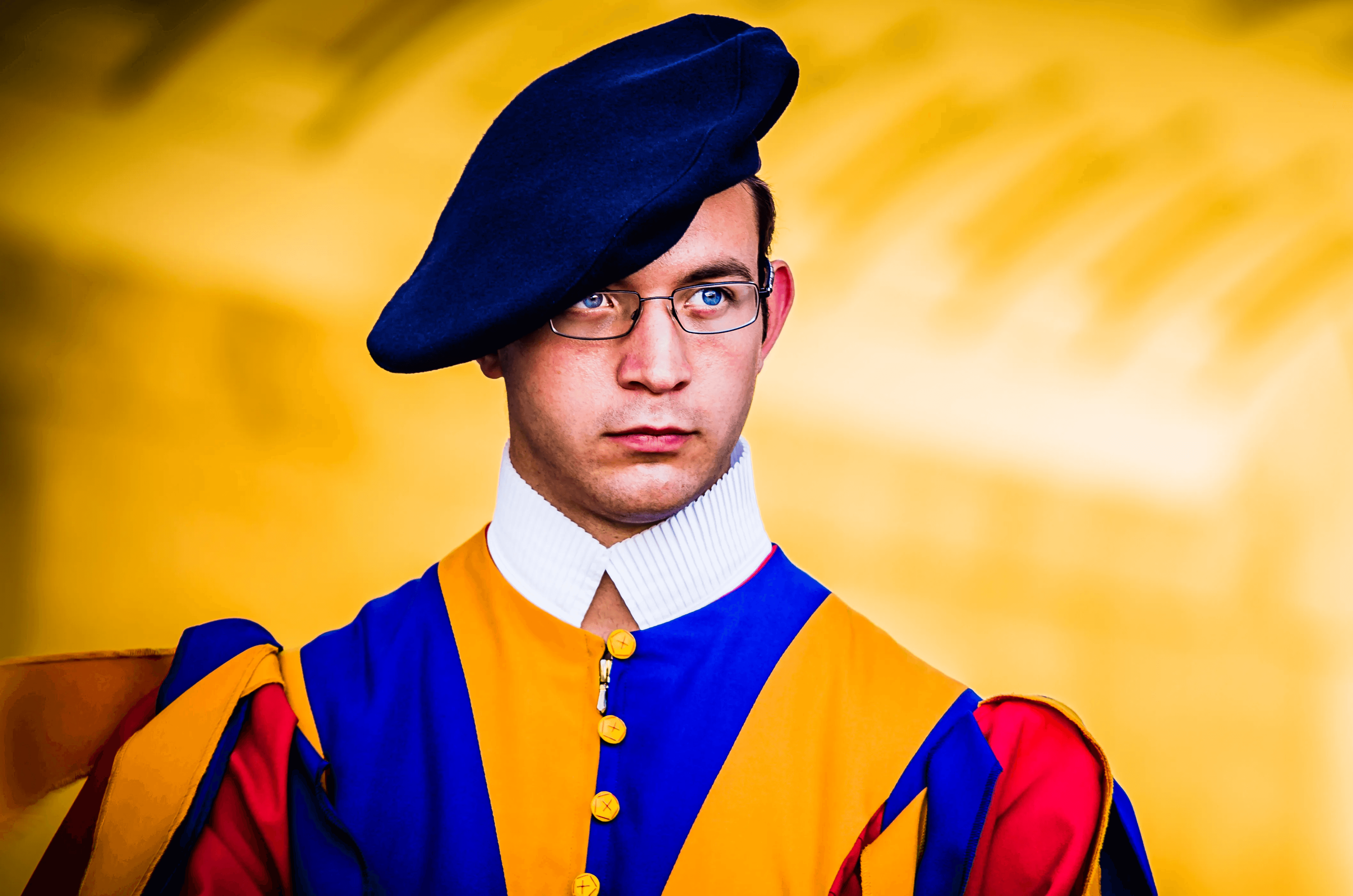 Swiss Guard Portrait Close-up color portrait of a Swiss Guard at the Vatican.