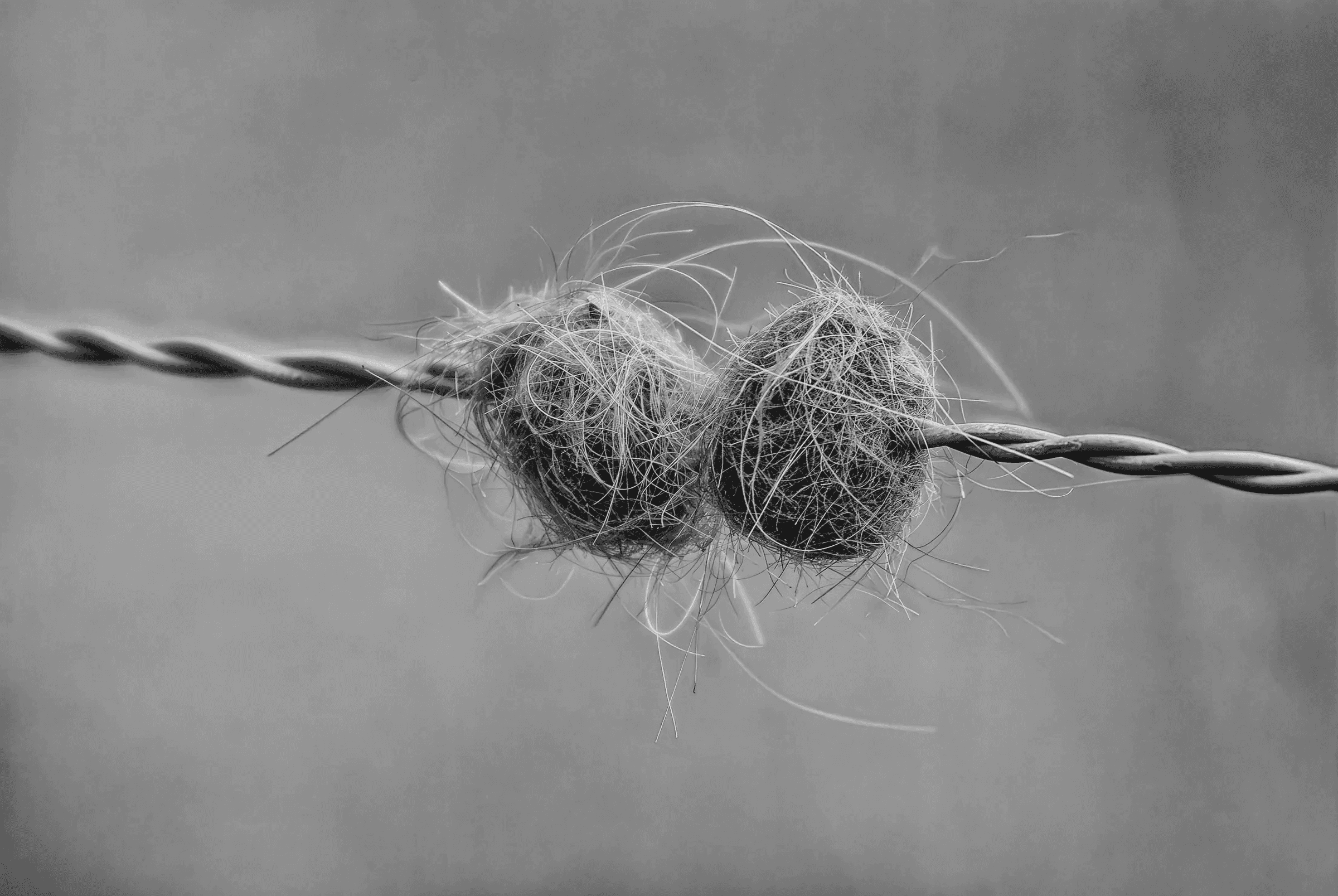 Black and white close-up photograph of two tangled clumps of animal hair or fibre caught on a strand of twisted wire against a blurred background.