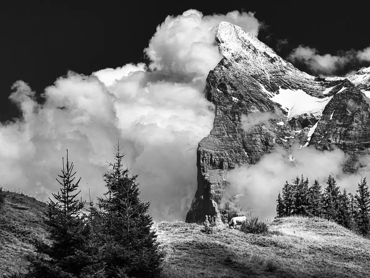 The Eiger in the Clouds in black and white