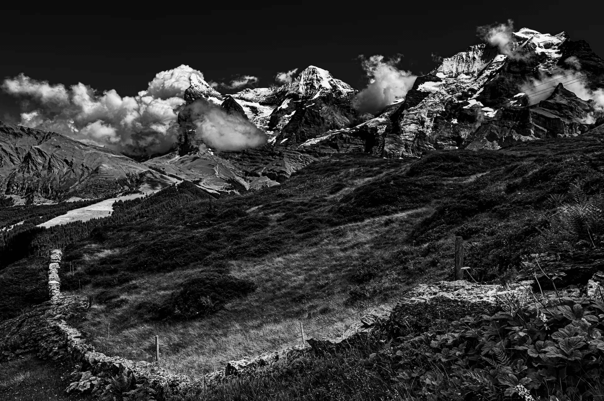 A black and white landscape photograph featuring a rustic stone wall in the foreground leading the eye towards the majestic Eiger, Mönch, and Jungfrau mountains in the Swiss Alps. The three peaks dominate the skyline, their rugged forms partially obscured by dramatic clouds. The foreground shows a grassy hillside with textured foliage, creating depth and leading the viewer into the expansive mountain vista. The monochrome palette emphasizes the textures and contrasts of the Alpine scenery.